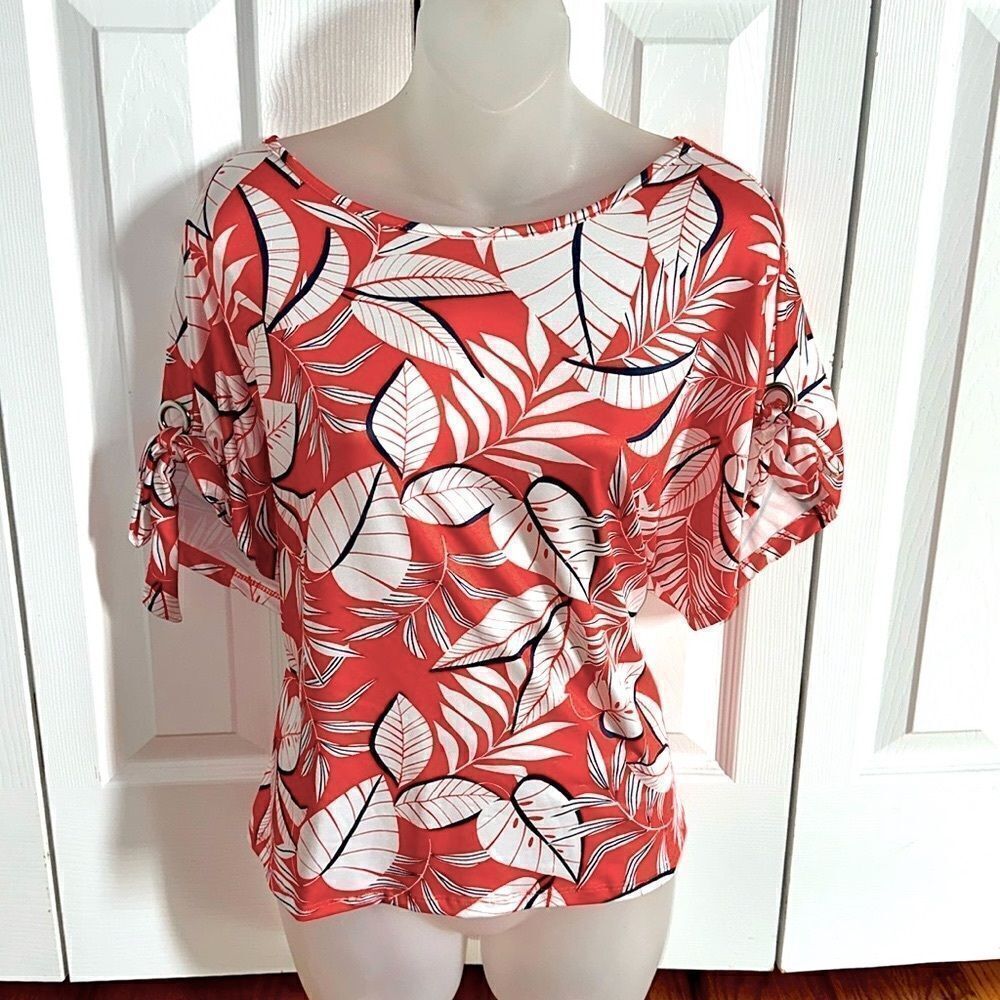 Floral Print Orange White Leaf Summer Palm Top Blouse Short Wrapper Small S NWT